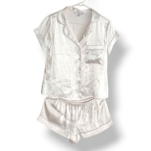 In Bloom White Satin Bridal Pajama Set Shorts Button Down Embroidered Wedding SM